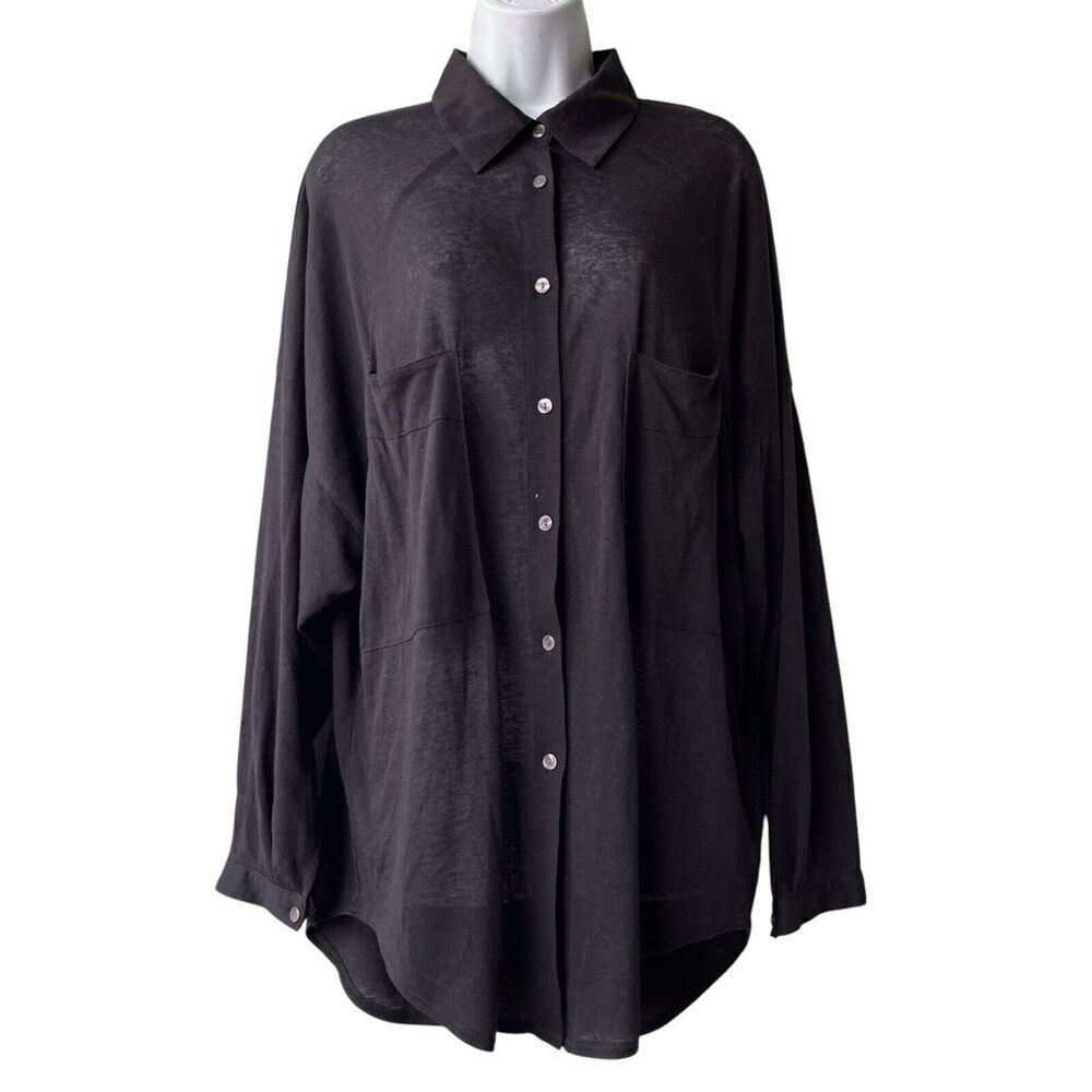 FREE PEOPLE Linen Blend Tunic Tops Oversized Long Sleeve Pockets Back Pleats O/S